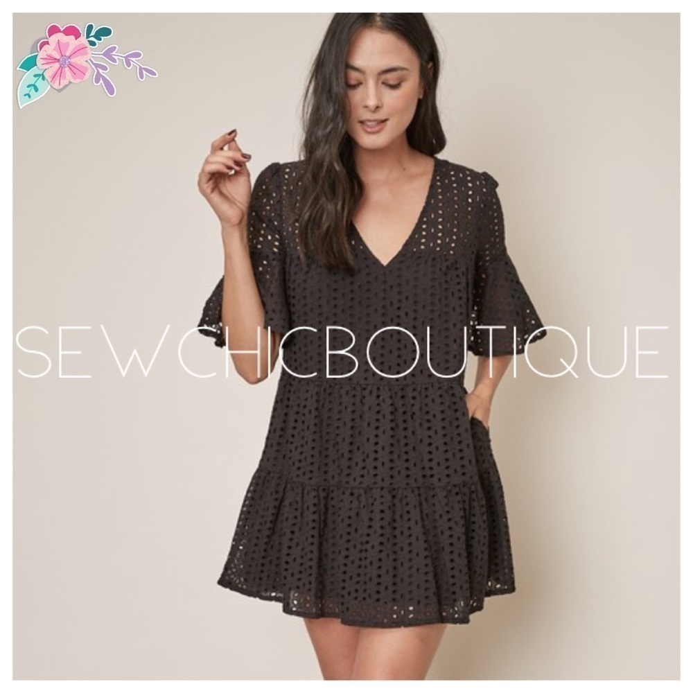Black Mini Woven Eyelet Mini Ruffle Dress